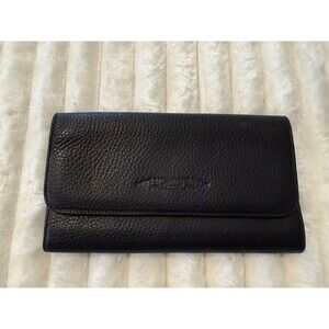 Lorenzi Collection Black Pebbled Leather Wallet Tri Fold Button Closure